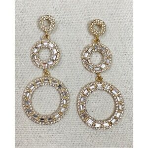 Gold Tone Clear Rhinestone Triple Circle Drop Earrings